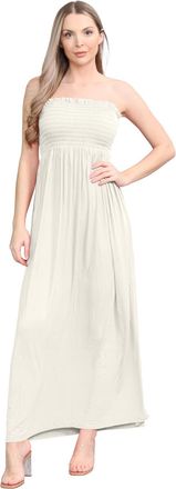 Janisramone Womens Plain Maxi Dress, Bandeau Boobtube Dress, Sheering Gathered Strapless Dresses, Long Summer Dresses for Women UK, Women Casual Wear Cream