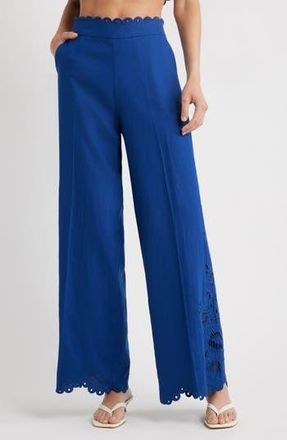 Farm Rio Richelieu Embroidery Detail Linen Blend Pants in Blue at Nordstrom Rack, Size Large