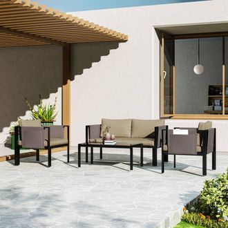 OUTSUNNY 4 Piece Garden Sofa Set w/ Tempered Glass Coffee Table in Khaki
