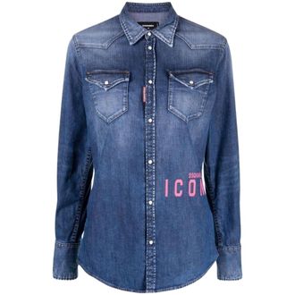 Dsquared2 Icon Print Western Denim Blauw Shirt