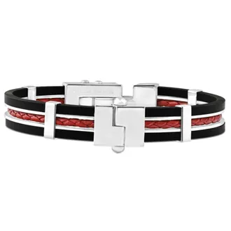 Pompeii3 Mens Steel, Black Silicone, And Red Leather Latched 8 10mm Cuffed Bracelet