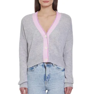 Autumn Cashmere Boxy Cardigan With Crochet Edge Placket In Cinderblock Combo