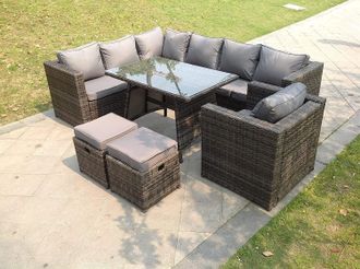 Fimous 9 Seater Grey Rattan Corner Sofa Set Dining Table Chair Foot Rest Garden Furniture Outdoor in Dark Grey