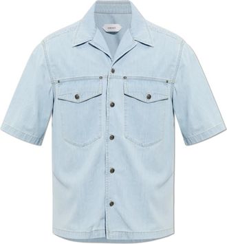 Versace Denim Katoenen Shirt met Geborduurd Logo - Heren - Spijkeroverhemden - Blauw - M - Katoen - Overhemden