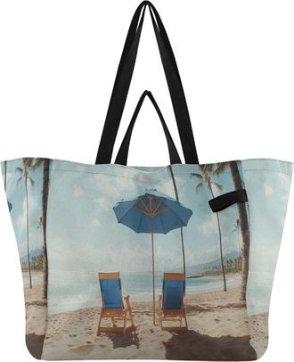Generic Blue Beach Palm Trees pattern Reusable Canvas Tote Bag, Heavy Duty Grocery Shopping Bag with Large Capacity Double Handles Hard Bottom Work Groceries 