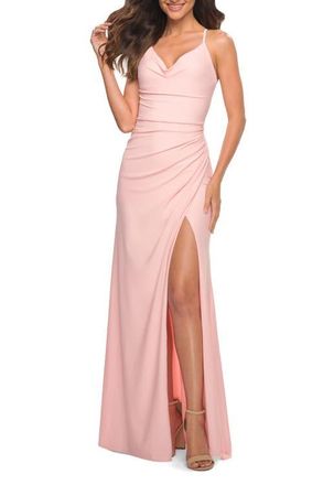 La Femme Long Pastel Dress with Flattering Ruching and Slit in Light Pink at Nordstrom, Size 00