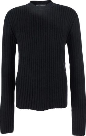 Dolce & Gabbana Zwarte Ribgebreide Crewneck Sweater - Heren - Ronde hals truien - Zwart - S - Wol - Truien & Vesten
