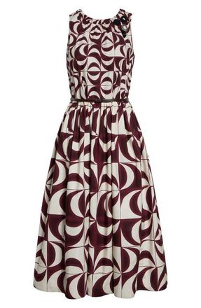 Max Mara Abstract Geo Print Belted Cotton Midi Dress in Bordeaux at Nordstrom, Size 10