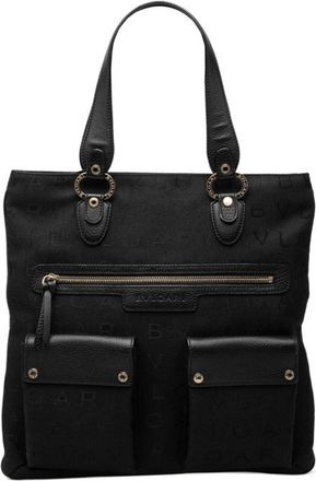 Bulgari Black Canvas Leather Handbag Tote Bag (Pre-Owned)