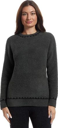 Barefoot Dreams Cozychic (r) Ribbed Sweater With Blanket Stitch Womens Sweater Dark Moss : LG (US 12-14), Polyester