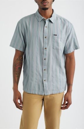 Brixton Cru Textured Stripe Short Sleeve Cotton Dobby Button-Up Shirt in Trooper at Nordstrom, Size Xx-Large