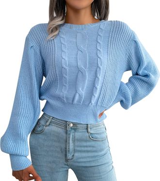 Generic Womens Knit Pullover Sweater O Neck Long Sleeve Ribbed Chunky Loose Casual Tops (Blue, M)