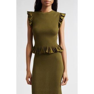 Ulla Johnson Leila Ruffle Cap Sleeve Sweater in Olive at Nordstrom, Size X-Large