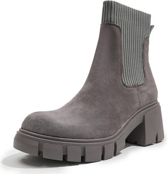 Generic Womens Elastic Chelsea Ankle Boots Fashion Low Chunky Heel Platform Lug Sole Short Booties Shoes,Grey,4.5 UK