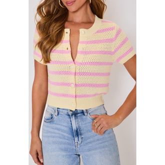 VICI Collection Jessica Stripe Open Stitch Short Sleeve Cardigan in Yellow/pink at Nordstrom, Size Small