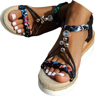 Generic Wide Width Wedge Sandals For Women,2026 Open Toe Jeweled Beaded Platform Sandals for Women Summer Dressy Strap Walking Shoes Vintage Non Slip Casual S