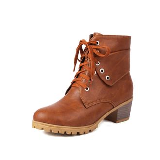 Generic Womens Ankle Boots Lace Up PU Leather Round Toe Medium Chunky Block Heel Lug Sole Metal Eyelets Reinforced Stitching Non Slip Durable Structure,Brown,