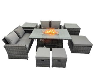 Fimous Outdoor Love Sofa Set 7 Seat & Gas Firpit Table 3 Stools 2 Side Table in Dark Grey