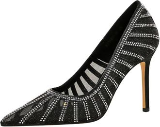 Generic High Heels for Women Diamante Wedding Shoes Stiletto Heel 9.5CM Glimpses Sexy Mesh Pointed Toe for Bride Prom Party-Numeric_4_Point_5 Black