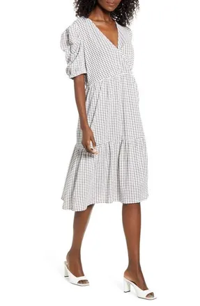 Vero Moda Puff Shoulder Midi Dress in Black W/White Check at Nordstrom, Size Small