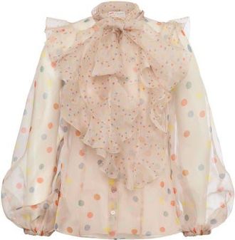 Maison Common Printed Silk Organza Blouse With Flounces Polka dot print in Sand Multicolour at Nordstrom, Size 38