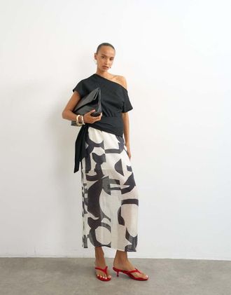 Topshop gonna midi trasparente a colonna con stampa monocromatica-Bianco