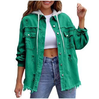 Generic Hooded Denim Jackets Women Long Sleeve Button Down Jean Jackets Casual Loose Shirts Ripped Distressed Western Boyfriend Coats Oversized Frayed Hem Fal