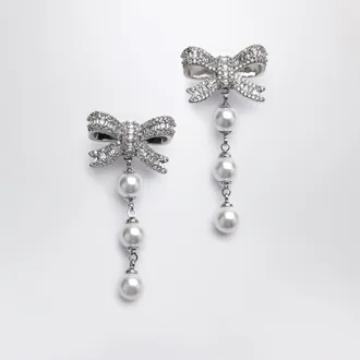 Self Portrait Crystal bow and pearl drop earrings in silver