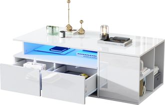 STILVORA Mesa De Centro Con 2 Cajones Y Led, Almacenaje 3 Niveles, Blanco Brillo, En Tablero De Part&iacute;culas, 100&times;50&times;35 Cm