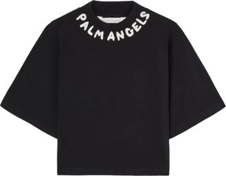 Palm Angels Seasonal Logo Cropped Tee - Dames - T-shirts - Zwart - L - Katoen - Tops