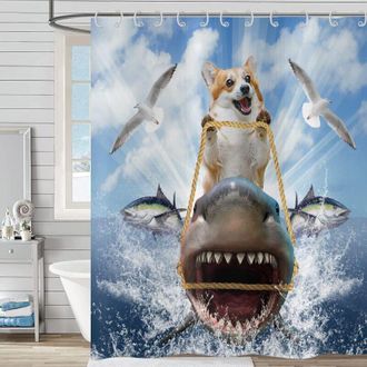 OEM Cortina De Ducha Divertida (180 X 180 Cm) Con Un Perro Genial, Jinete, Tibur&oacute;n, Olas Del Oc&eacute;ano, Gaviota, Pez, Azul, Linda, Cortina De Ducha Infantil 
