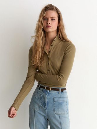 Reiss Khaki Green Cotton-stretch Funnel-neck Top, XL