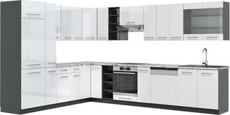 Vicco Cucina angolare completa Fame-Line, Bianco lucido/antracite, 347 x 257 cm, pl Marmo