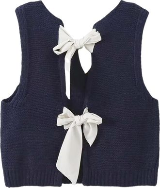 Generic Bow Tie Back Sweater Vest for Women, Y2k Sweater Vest Top Casual Crop Knit Cardigan Vest, Crewneck Sleeveless Knit Vest (Dark Blue,L)
