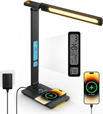 OEM L&aacute;mpara De Escritorio Led Regulable Con Funci&oacute;n De Carga - L&aacute;mpara De Mesa Con Reloj, Luz Nocturna Con Cargador Inal&aacute;mbrico De 10 W Y Puerto De Carga 