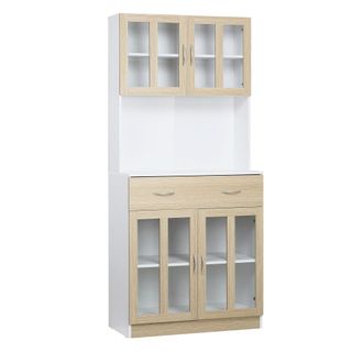 HOMCOM Modern Kitchen Cupboard - Freestanding Storage Cabinet Hutch with Central Drawer - 2 Glass Door Cabinets and Countertop,180cm | TJ Hughes