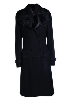 Burberry Burberry, zwarte wollen trenchcoat met bontkraag