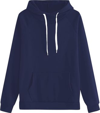 Generic WomenS Solid Colour Pullover Sweatshirt With Pockets Loose Comfort Hoodies With Drawstring Fashion Casual Long Sleeve Tops Plus Size Cosy Warm Oversiz