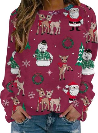 Generic Womens 3D Christmas Reindeer Printed Jumper, Xmas Novelty Funny Round Neck Long Sleeve Tops Casual Oversized Cute Print Sweaters Holidays Cozy Warm Sw