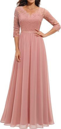 Generic Evening Dresses for Women UK V Neck 3/4 Sleeve Chiffon Dresses Lace Maxi Prom Dress Ladies Wedding Guest Outfit Empire High Waist Bridesmaid Dresses E