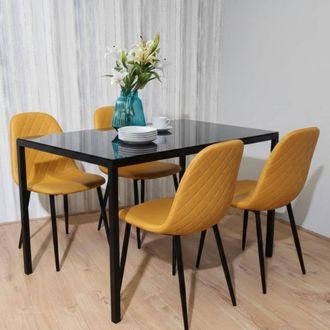Kosy Koala Modern Black Glass Dining Table Set with 4 Mustard Faux Leather Chairs | Size: 120 cm x 70 cm