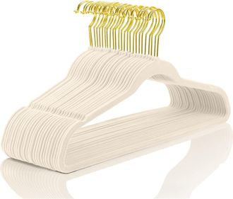 OEM Juego De 50 Perchas De Terciopelo Resistentes Y Antideslizantes, Delgadas, Color Marfil, Con Ganchos Dorados, Ahorran Espacio, Para Ropa
