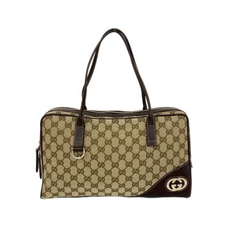 Gucci Brown Canvas Leather Boston Bag Handbag Tote Bag (Pre-Owned)