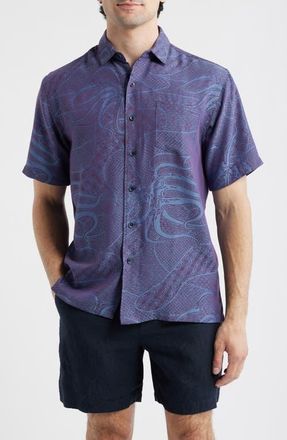 Kahala Hol Nalo Jacquard Short Sleeve Button-Up Shirt in Burgundy/Blue at Nordstrom, Size X-Large