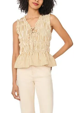 Halogen Sleeveless Ruffle Gathered Top in Soft Gold Stripe at Nordstrom Rack, Size X-Small