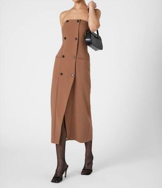 French Connection Azra Twill Strapless Midi Dress In Camel