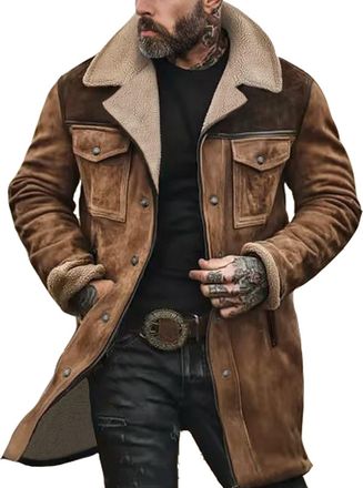 Generic Trench Coat Men Big and Tall Winter Trench Coat Regular Fit Faux Suede Jackets Zip Up Lapel Collar Overcoat with Pockets, Khaki, 3XL