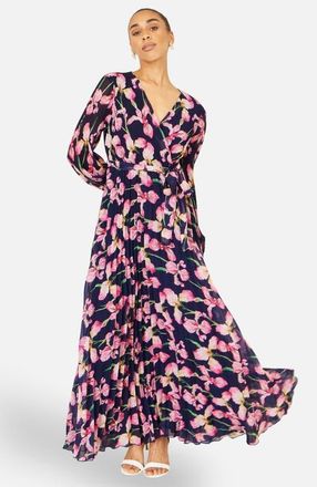 Yumi Orchid Floral Pleated Wrap Maxi Dress in Navy at Nordstrom, Size 10