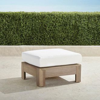 Frontgate St. Kitts Ottoman with Cushion in Weathered Teak - Standard, Resort Stripe Indigo - Frontgate