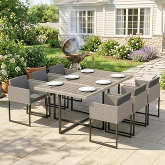 OUTSUNNY Rattan Garden Furniture Set, Rattan Table & Chairs with Cushions in Light Grey